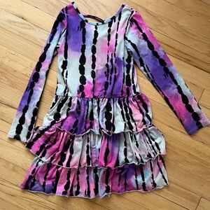 PixieLane Pink Purple Turquoise Black Tie Dye Long Sleeve Ruffle Skirt Dress